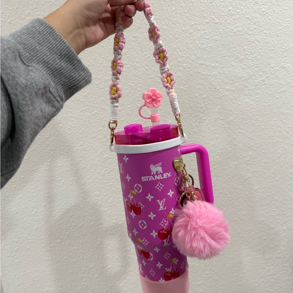 Stanley Pink Floral Tumbler with Pom Pom 40 oz